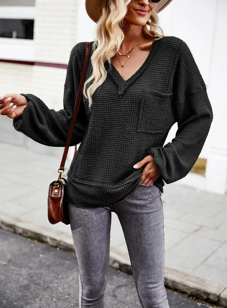 Black  Sweater Long Sleeve V-Neck Solid Color Top