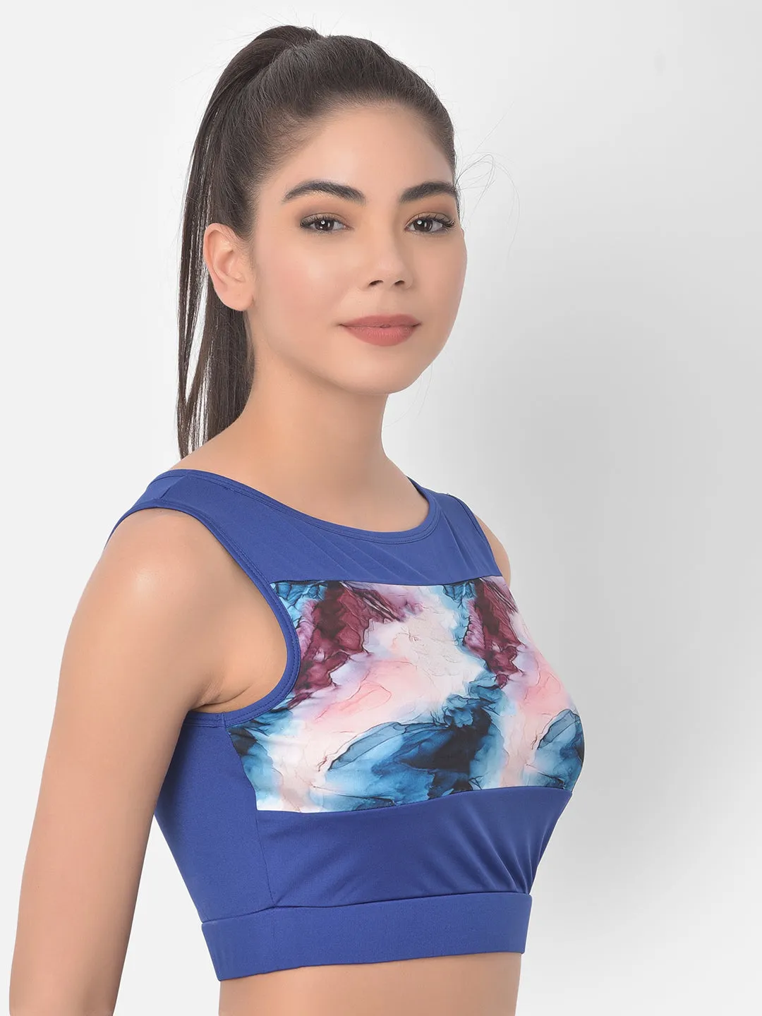 Blue Comfort-Fit Active Marble Print Crop Top