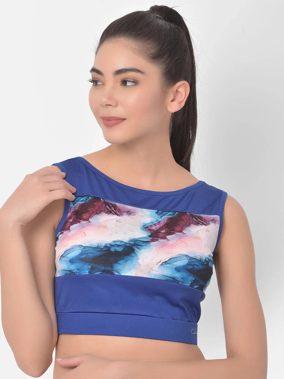 Blue Comfort-Fit Active Marble Print Crop Top
