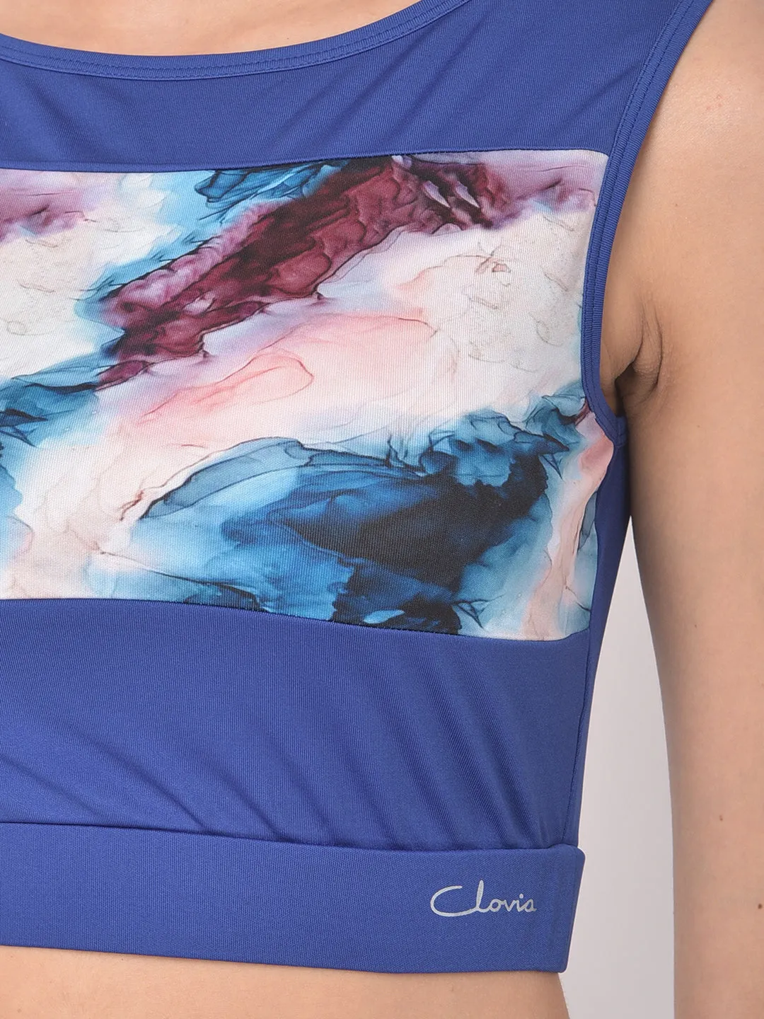 Blue Comfort-Fit Active Marble Print Crop Top