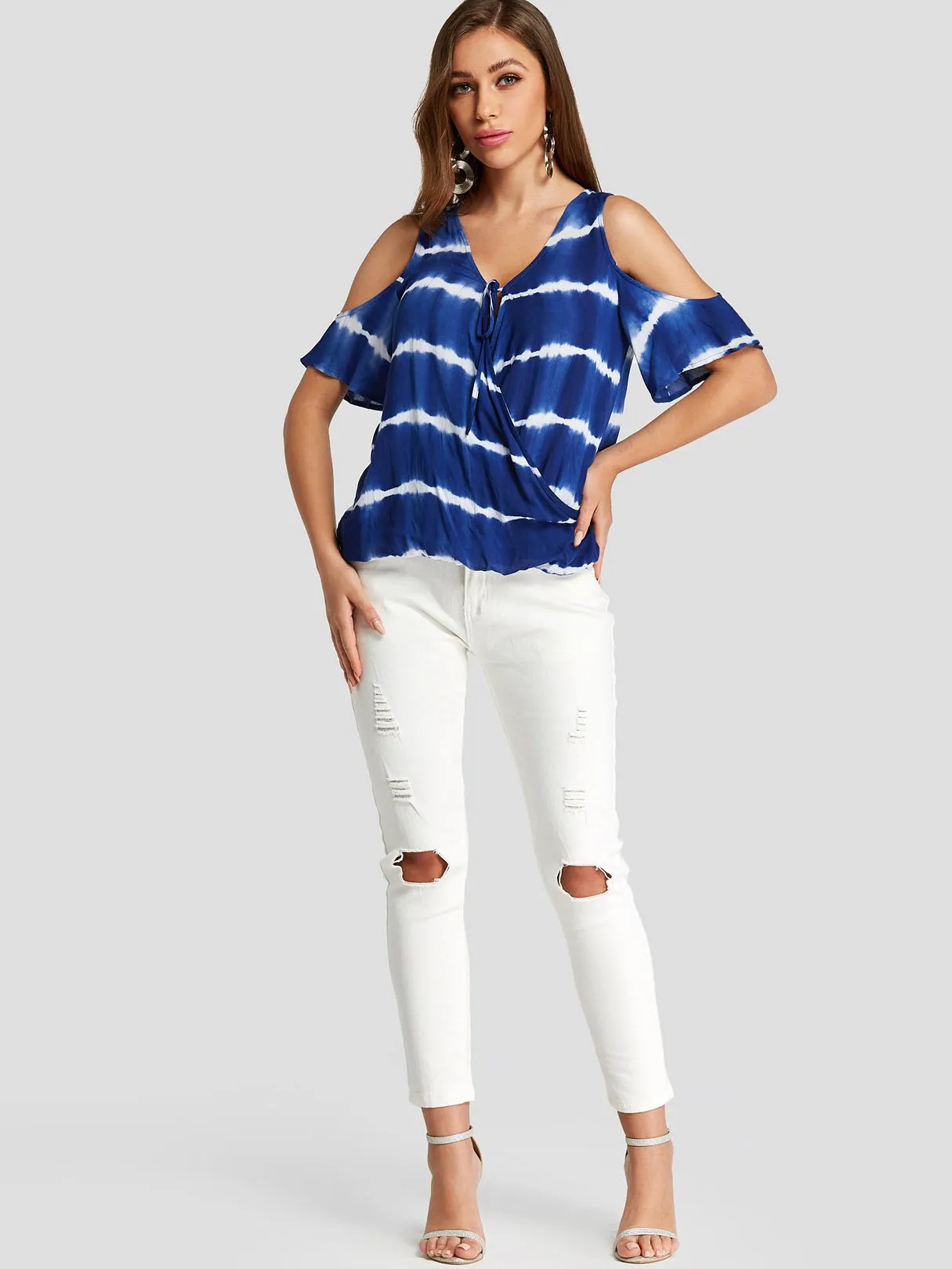 Custom Deep V Neck Stripe Crossed Front Half Sleeve Blue Blouses