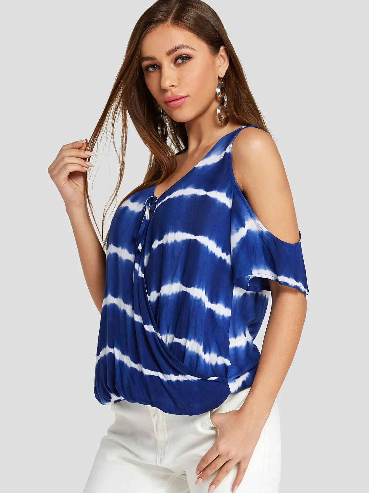 Custom Deep V Neck Stripe Crossed Front Half Sleeve Blue Blouses