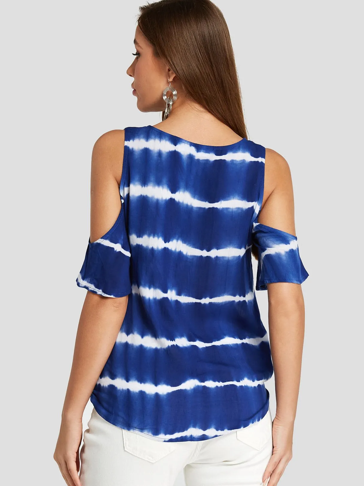 Custom Deep V Neck Stripe Crossed Front Half Sleeve Blue Blouses