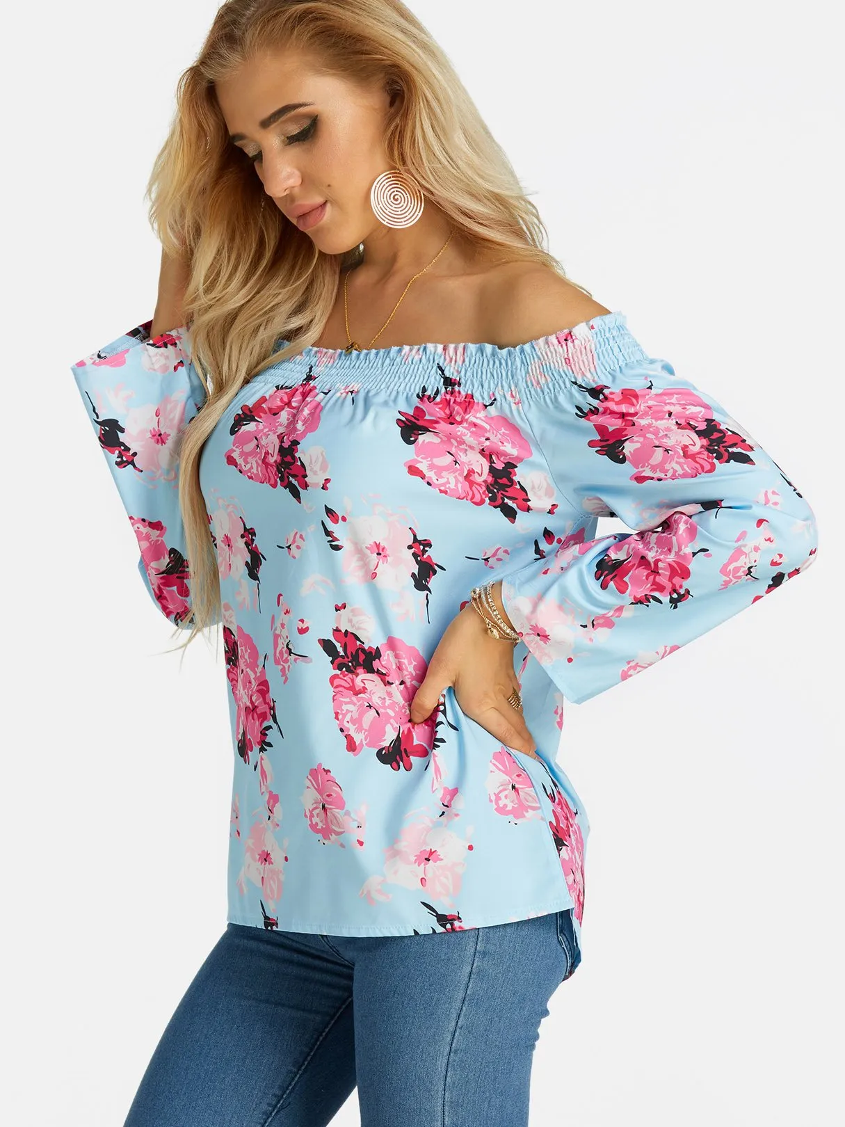 Custom Off The Shoulder Floral Print Long Sleeve Blue Blouses