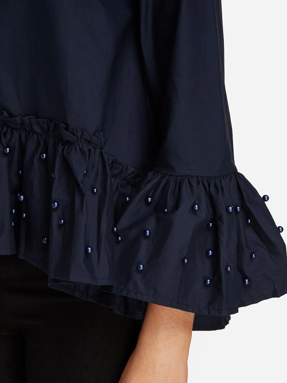 Custom Round Neck Long Sleeve Irregular Hem Navy Blouses