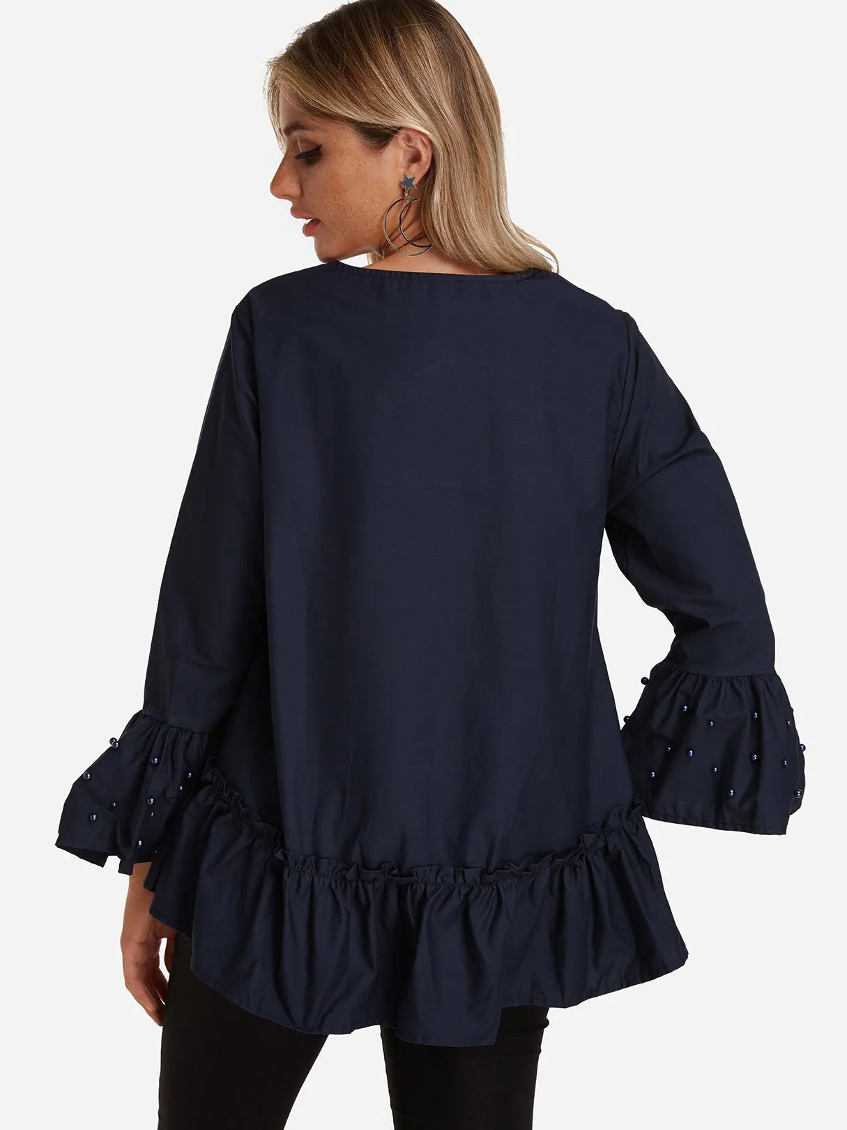 Custom Round Neck Long Sleeve Irregular Hem Navy Blouses