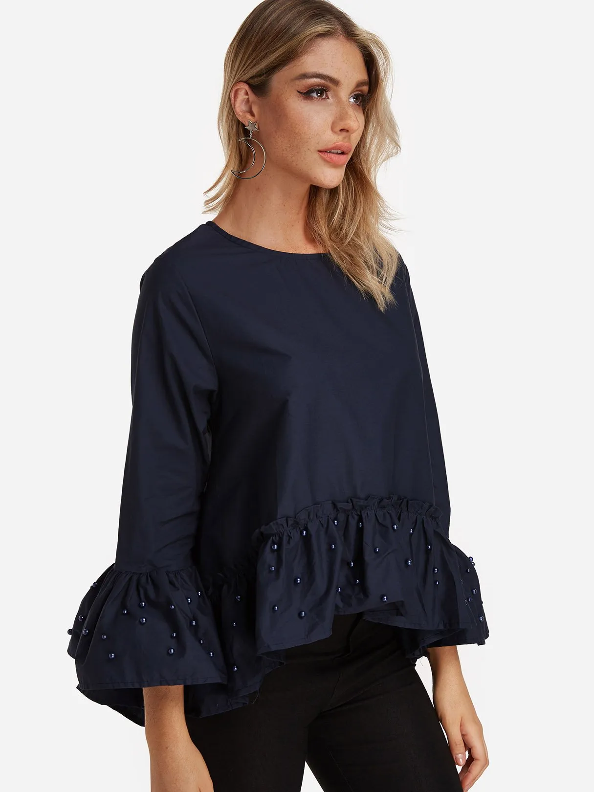 Custom Round Neck Long Sleeve Irregular Hem Navy Blouses