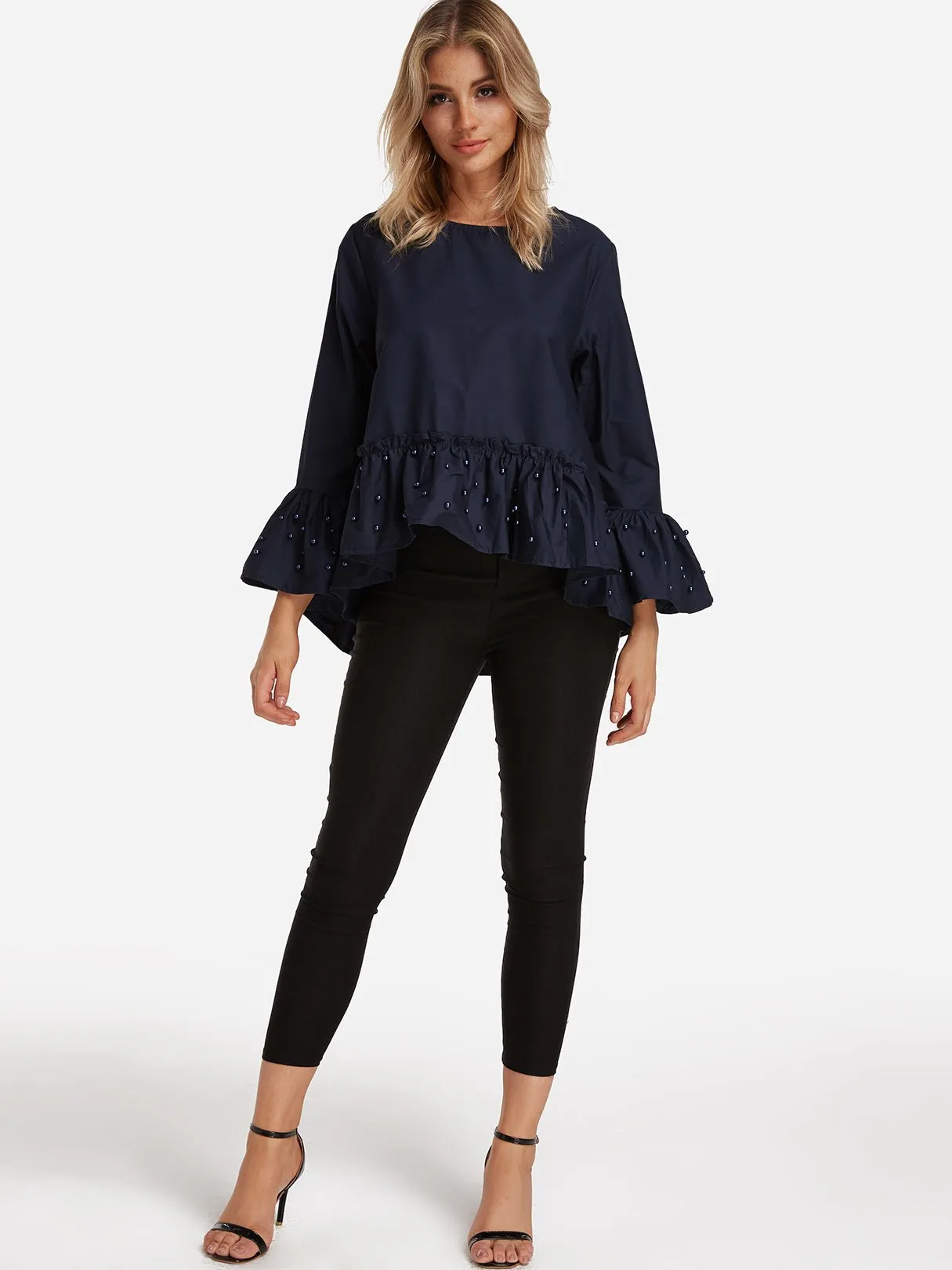 Custom Round Neck Long Sleeve Irregular Hem Navy Blouses
