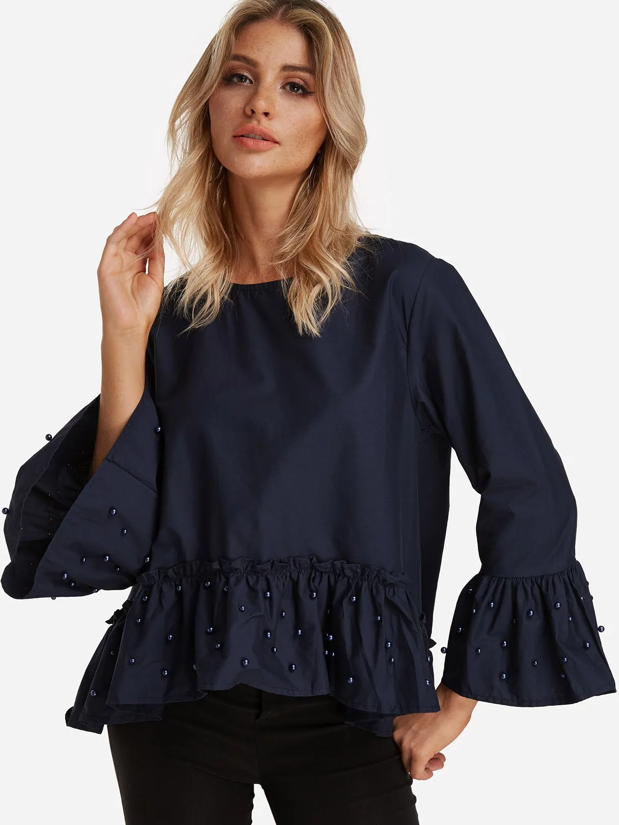 Custom Round Neck Long Sleeve Irregular Hem Navy Blouses