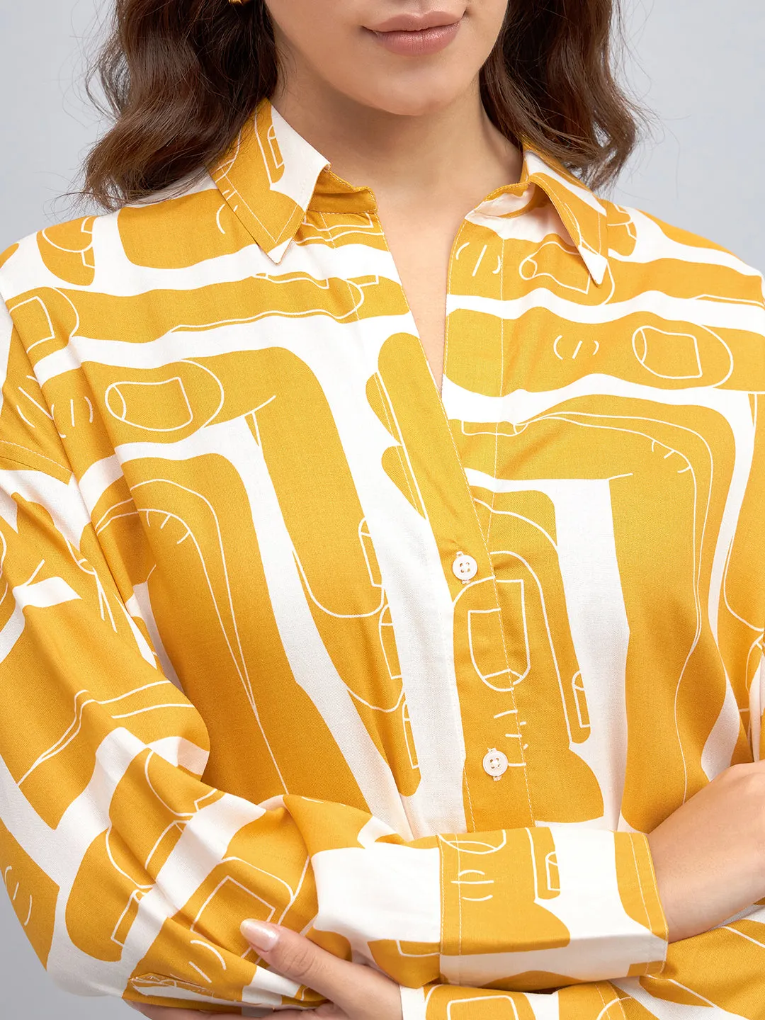 DL Woman Shirt Collar Regular Fit Abstract Print Mustard Shirt