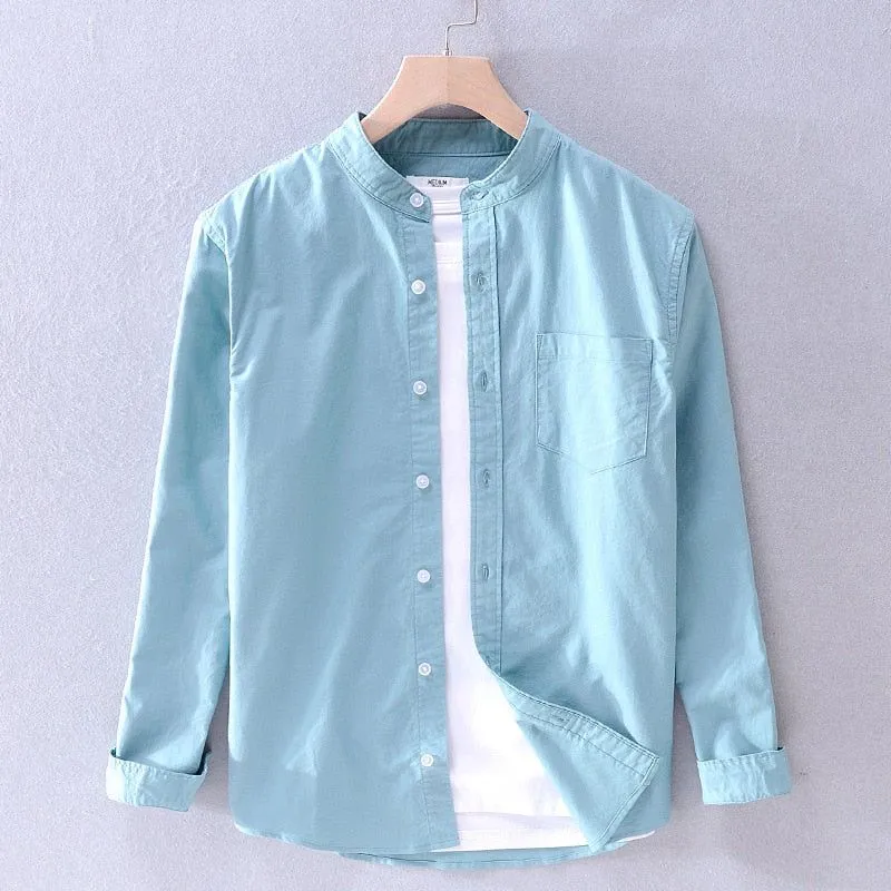 Men's Cotton Long Sleeve Shirt Spring Fall Stand Collar Solid Colors High Quality Clothing Y3170