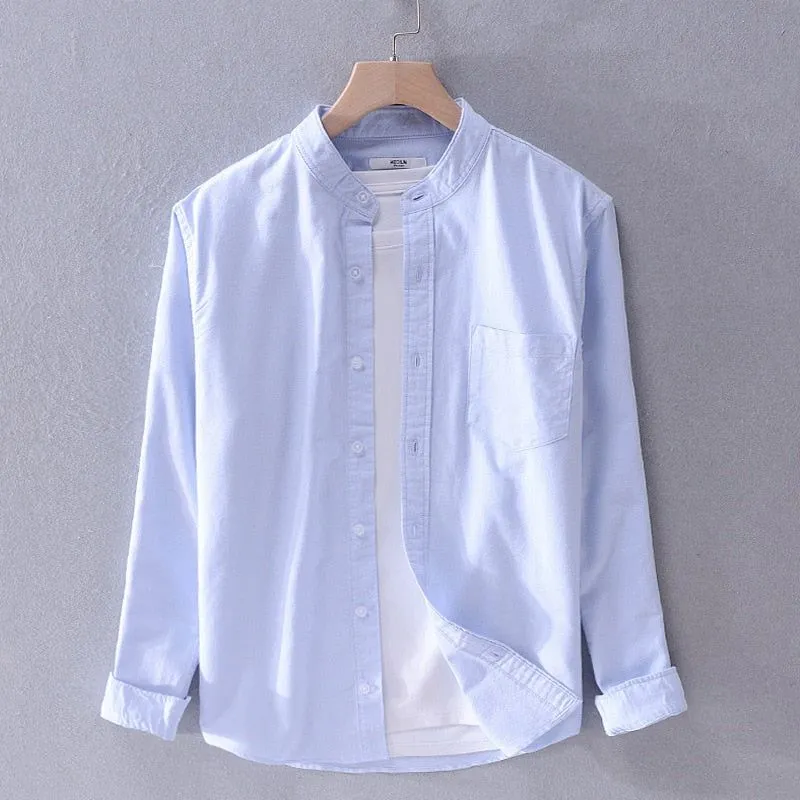 Men's Cotton Long Sleeve Shirt Spring Fall Stand Collar Solid Colors High Quality Clothing Y3170
