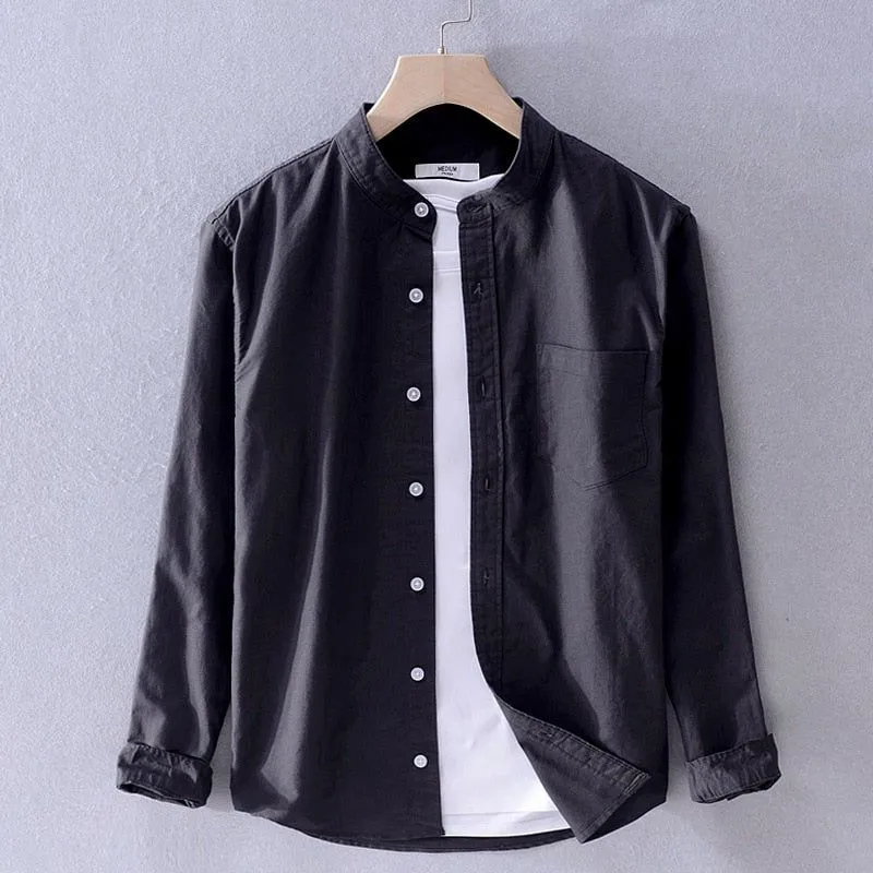 Men's Cotton Long Sleeve Shirt Spring Fall Stand Collar Solid Colors High Quality Clothing Y3170