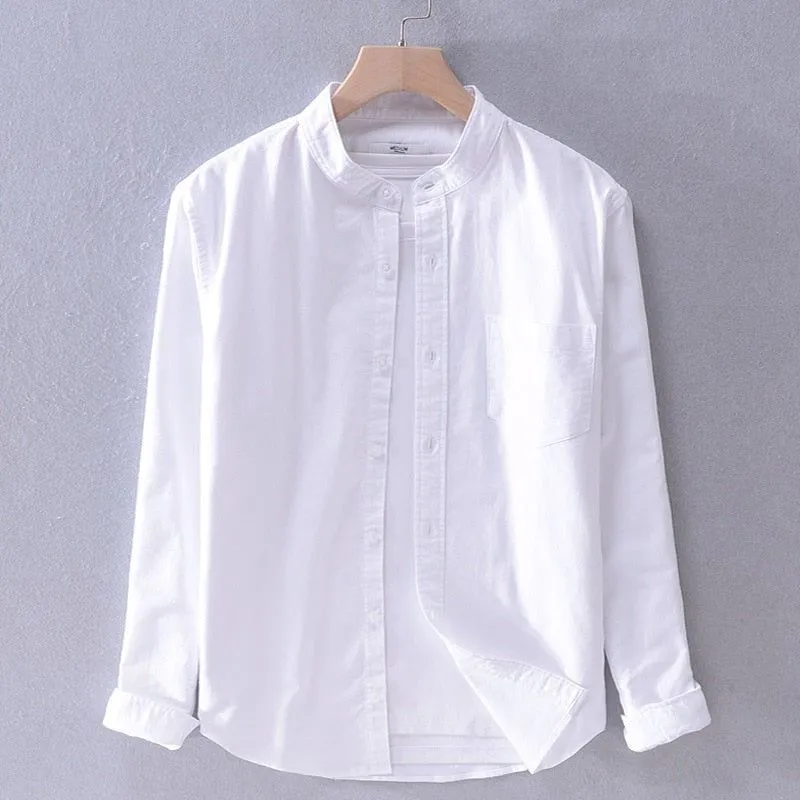 Men's Cotton Long Sleeve Shirt Spring Fall Stand Collar Solid Colors High Quality Clothing Y3170
