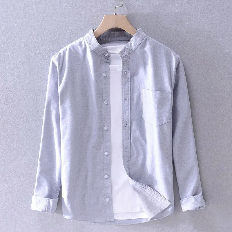 Men's Cotton Long Sleeve Shirt Spring Fall Stand Collar Solid Colors High Quality Clothing Y3170