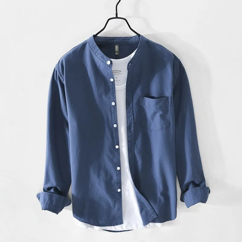 Men's Cotton Long Sleeve Shirt Spring Fall Stand Collar Solid Colors High Quality Clothing Y3170
