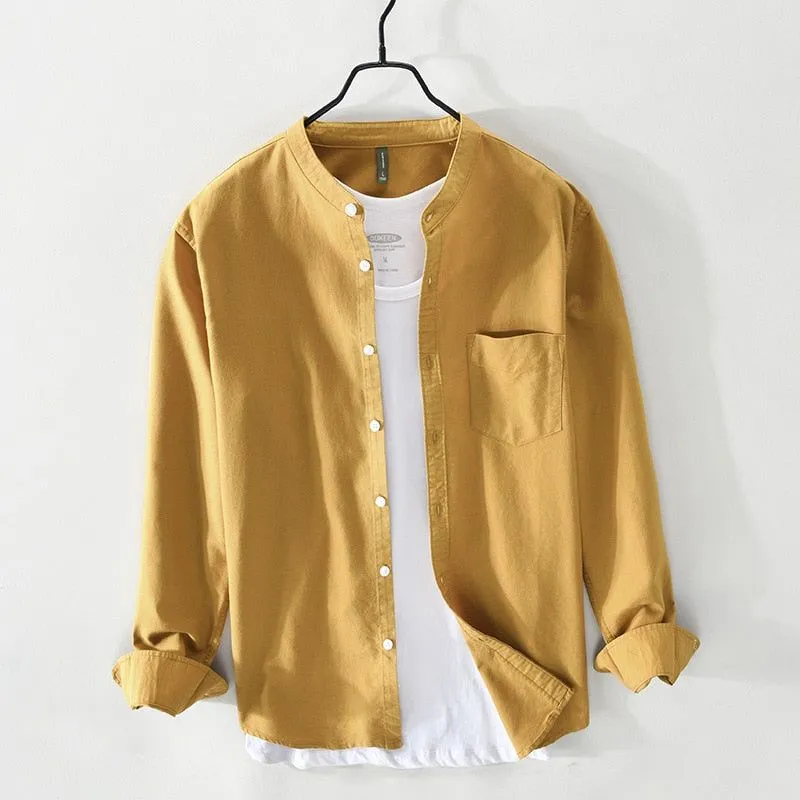 Men's Cotton Long Sleeve Shirt Spring Fall Stand Collar Solid Colors High Quality Clothing Y3170