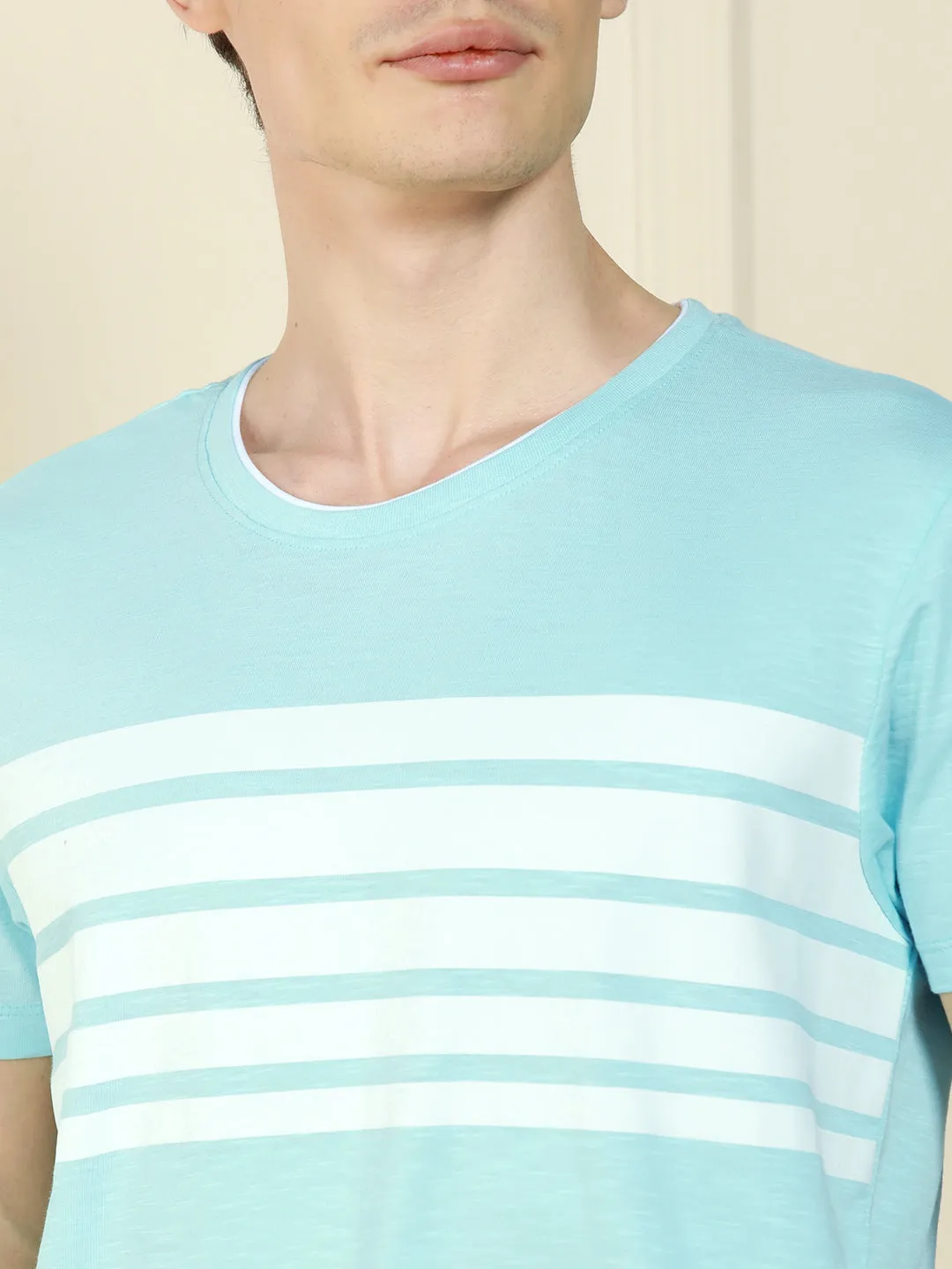Men's Mid blue Crew Neck Striped Cotton T-Shirt