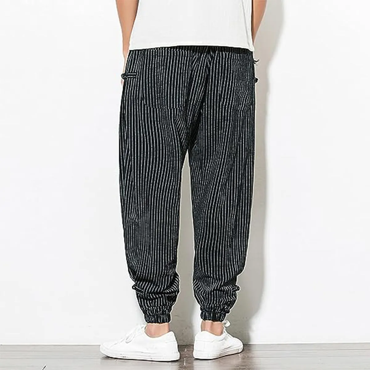 Men's Pants Loose Thin Black Striped Jogger Sweatpants Breathable Casual Harem Pants