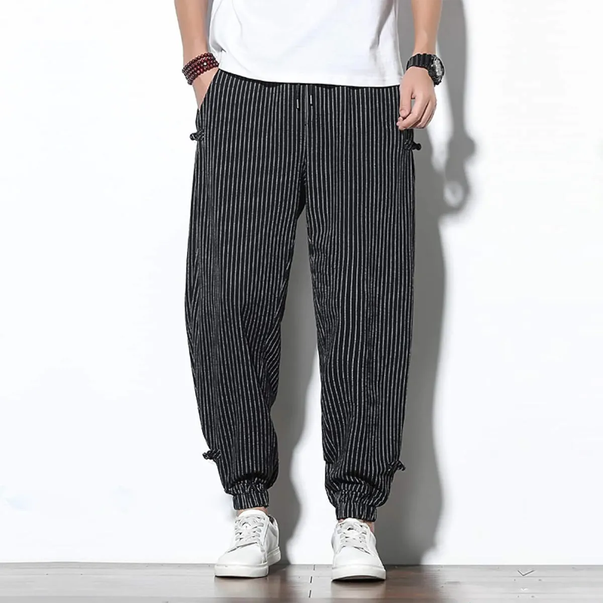 Men's Pants Loose Thin Black Striped Jogger Sweatpants Breathable Casual Harem Pants
