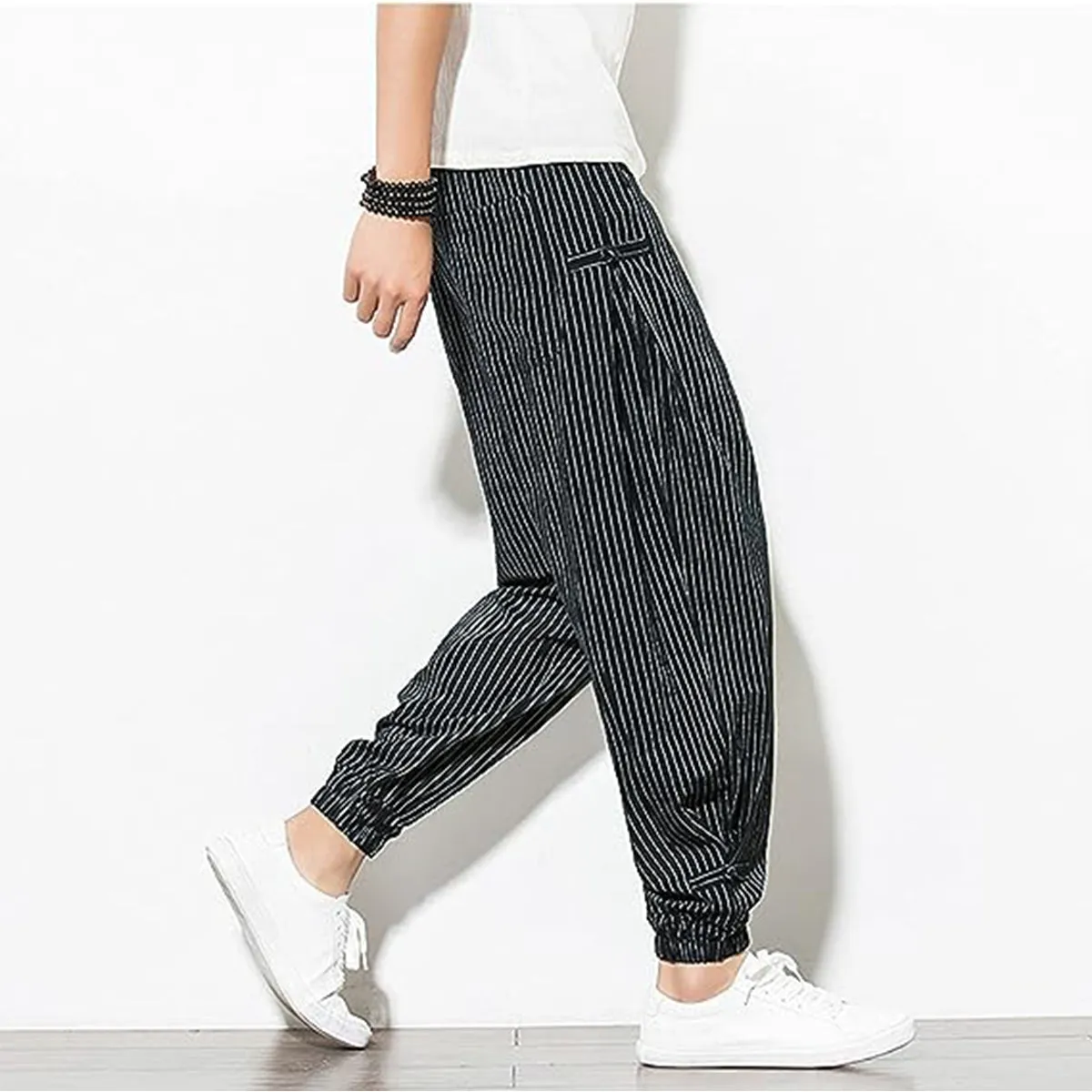 Men's Pants Loose Thin Black Striped Jogger Sweatpants Breathable Casual Harem Pants