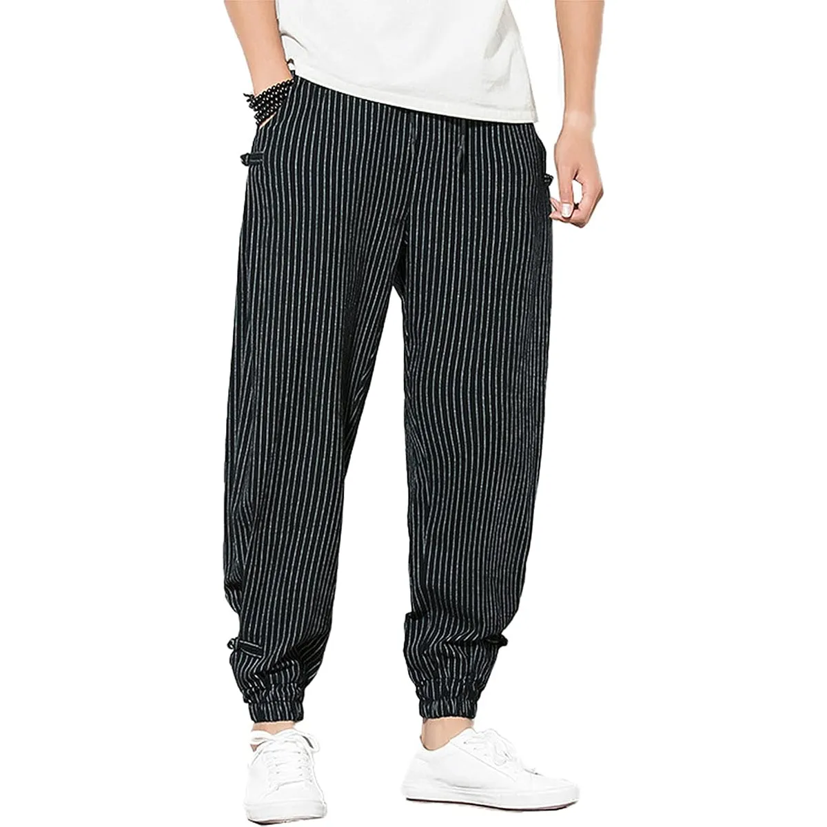 Men's Pants Loose Thin Black Striped Jogger Sweatpants Breathable Casual Harem Pants