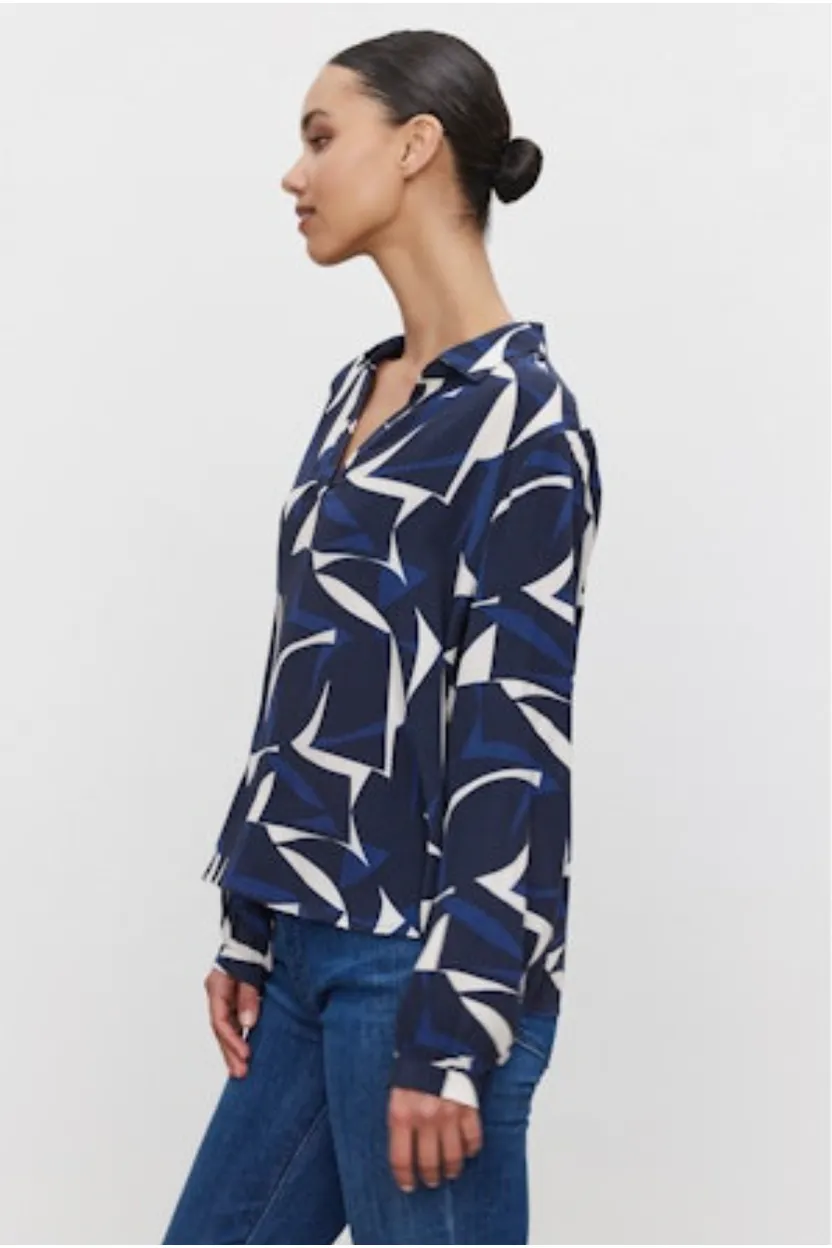 Velvet by Graham & Spencer Carah 06 Printed Blouse | Navy/Ecru | Clearance Final Sale
